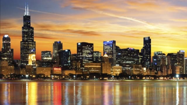 Chicago skyline at sunset along the lakefront